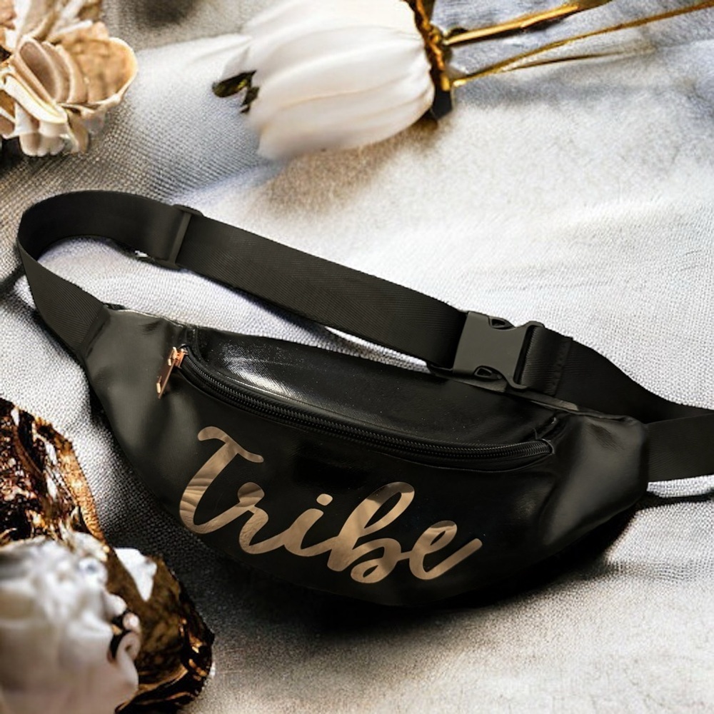 Brand-New Black 'Tribe' Fanny Pack with Gold Script, Bachelorette Party